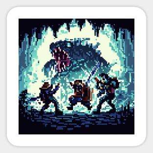 A group of adventurers fighting a monster in a cave pixel art Sticker